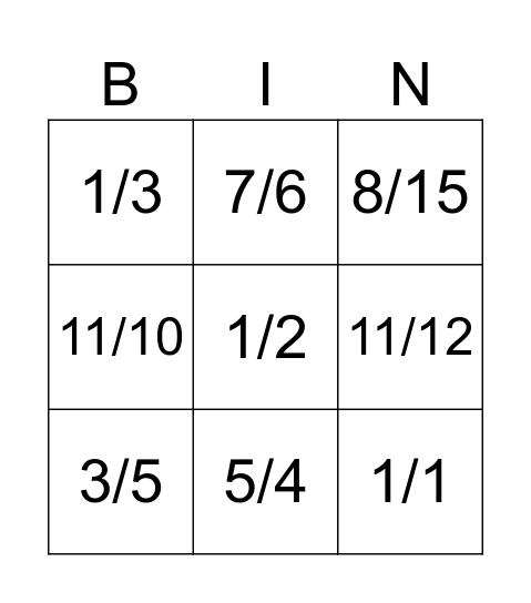 Fractions Bingo Card