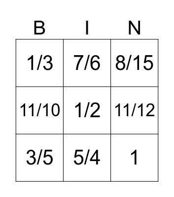 Fractions Bingo Card