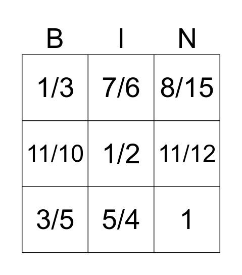 Fractions Bingo Card