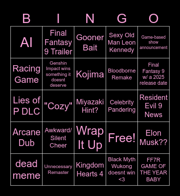 Kwehzy's Game Awards 2024 Bingo Card