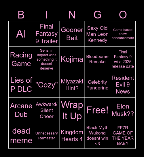Kwehzy's Game Awards 2024 Bingo Card