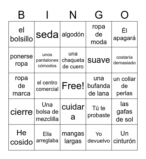 S3 Unit 8 -- La Ropa Bingo Card