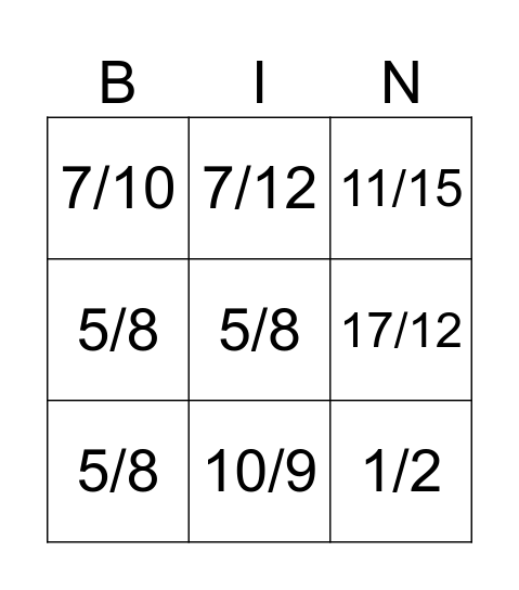 Fraction Bingo Card