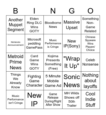 The Game Awards 2024 Bingo Card