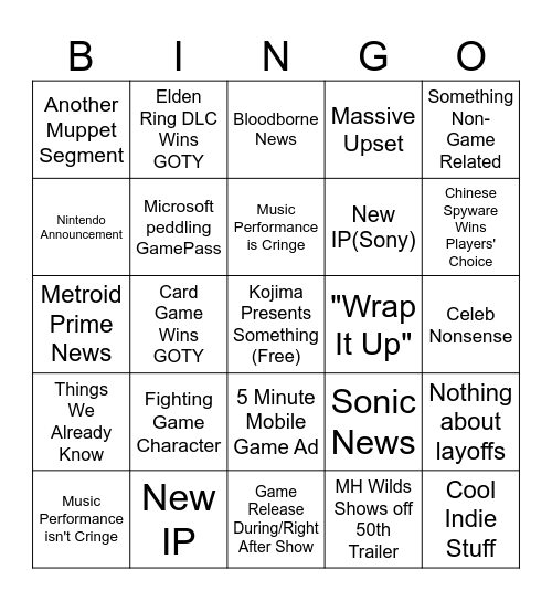 The Game Awards 2024 Bingo Card