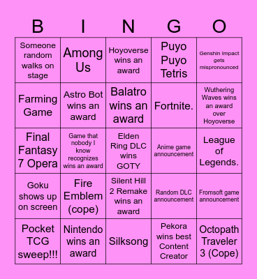 Game Awards 2024 Bingo Card