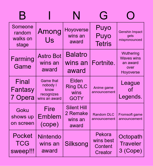 Game Awards 2024 Bingo Card