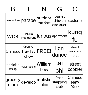 Chinatown Bingo Card