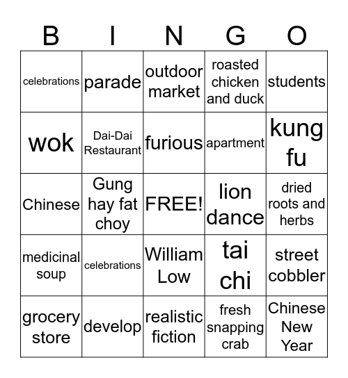 Chinatown Bingo Card