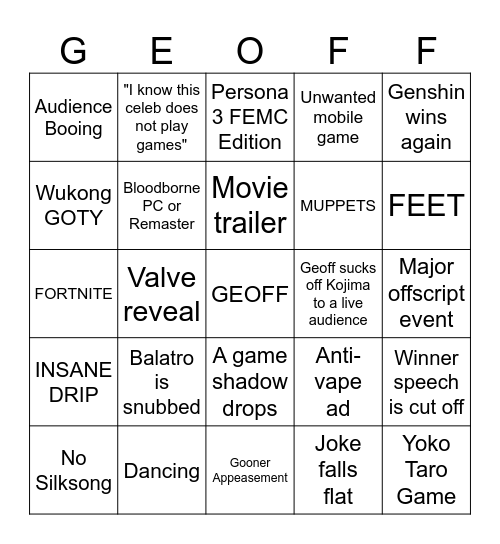 GEOFF SHOW 2024 Bingo Card