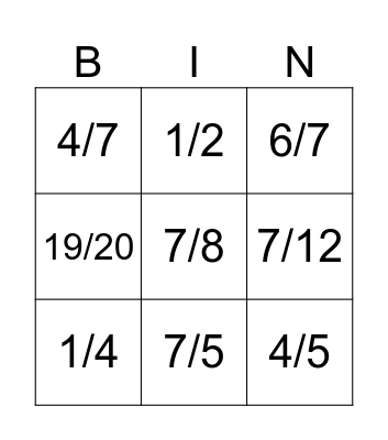 Fraction Bingo Card
