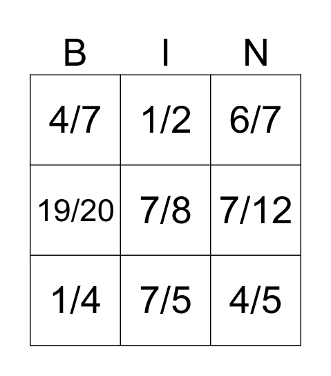 Fraction Bingo Card