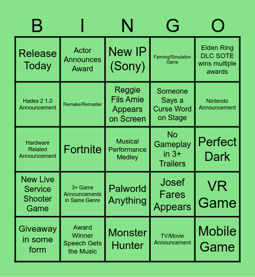 Game Awards Bingo 2024 Bingo Card