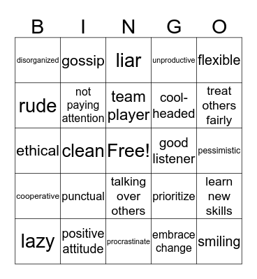 Work Skills Bingo Card