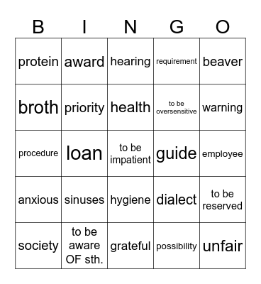 Vocabulary Revision Bingo Card