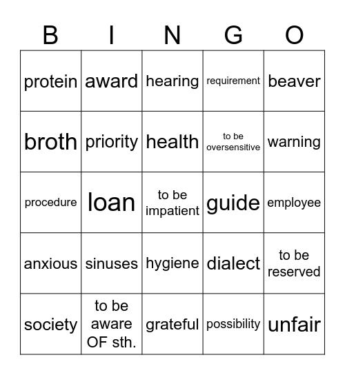 Vocabulary Revision Bingo Card