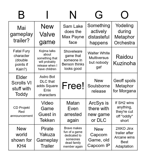 TGA 2024 Bingo Card