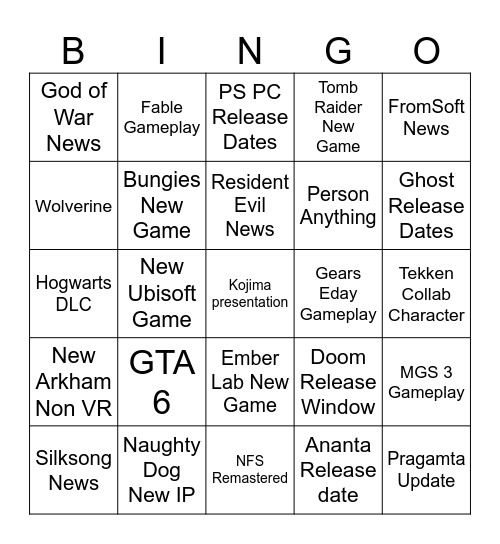 Game Awards 2024 Bingo Card