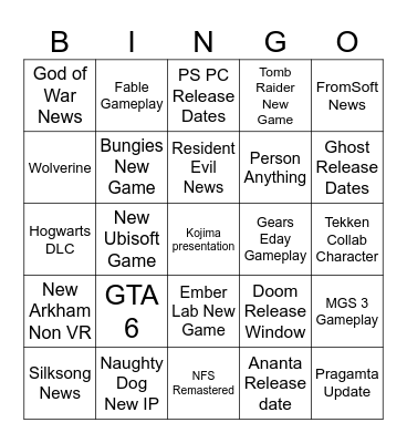 Game Awards 2024 Bingo Card