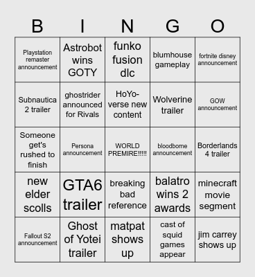 The Game Awards Bingo Card