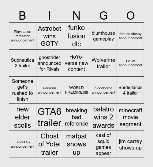 The Game Awards Bingo Card