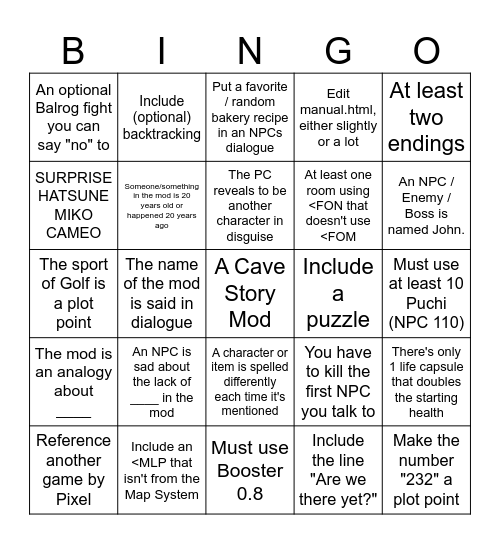 Modfest 40 Bingo Card