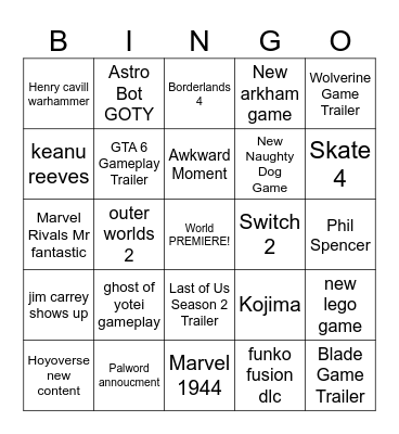 Game Awards 2024 Bingo Card