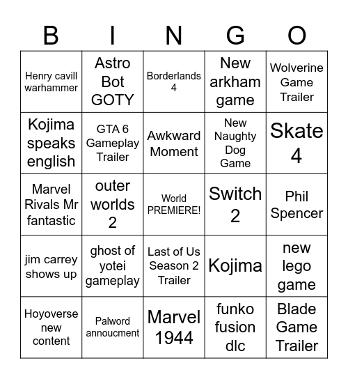 Game Awards 2024 Bingo Card