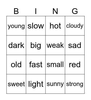 Adjective Bingo Card