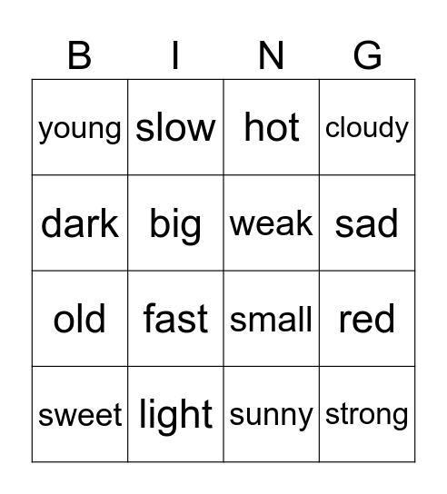Adjective Bingo Card