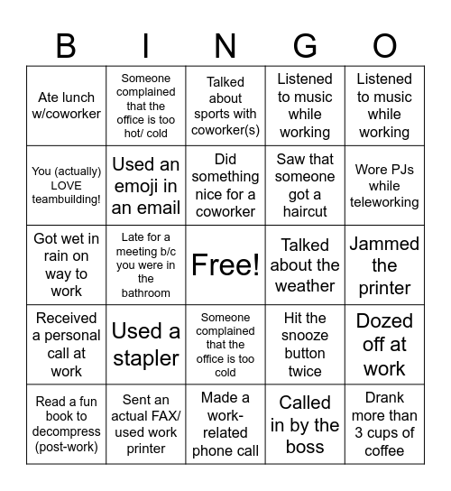 Workplace Bingo Card