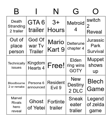 Game awards Bingo Card