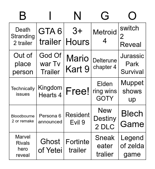 Game awards Bingo Card