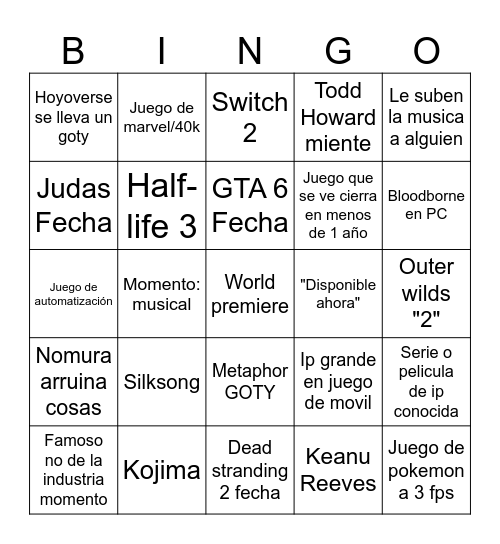 Game Awards Bingo Card