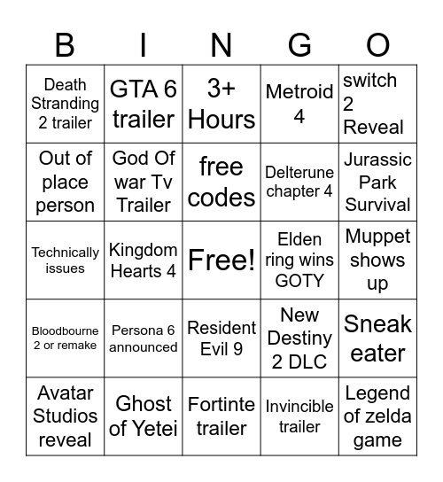 Game awards Bingo Card