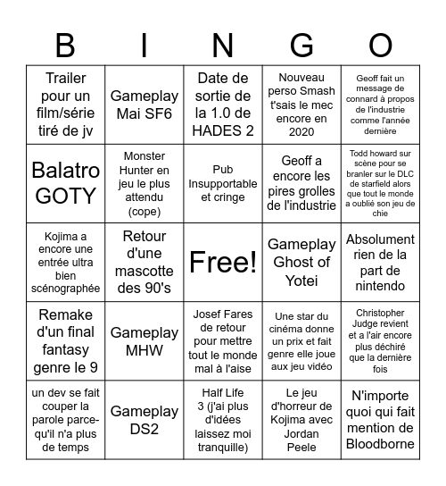 Game Awards ou quoient Bingo Card