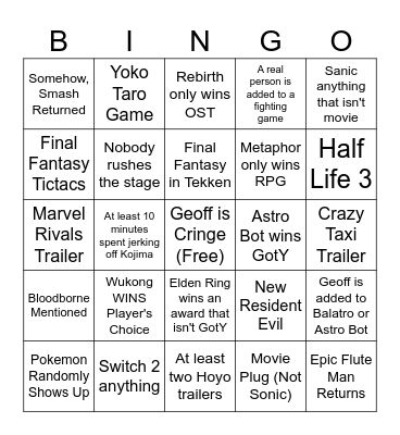 TGAs 2024 Bingo Card
