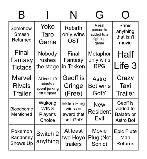 TGAs 2024 Bingo Card