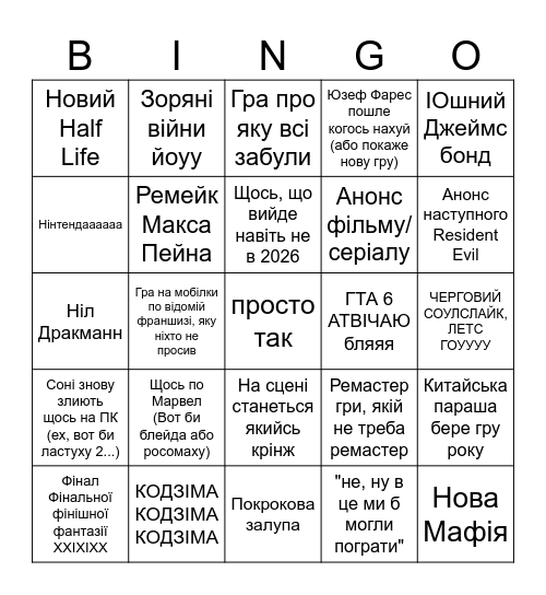 Гей Авардс Bingo Card