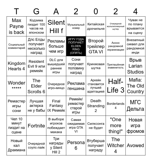 Бинго The Game Awards 24 Bingo Card