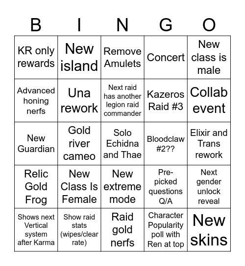 Lost ark LOAON 2024 Winter Bingo Card