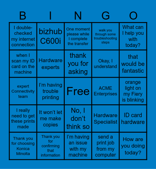 Connectivity/Solutions Calibration Session Bingo Card