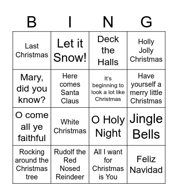 Christmas Songs Bingo Card