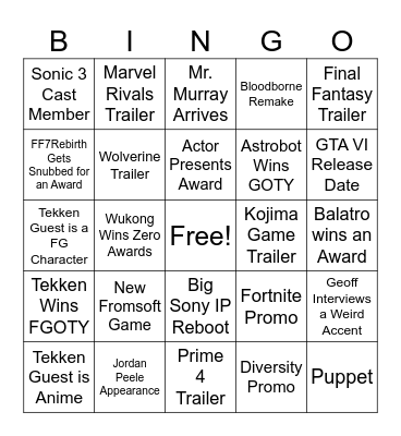 Game Awards 2024 Bingo Card