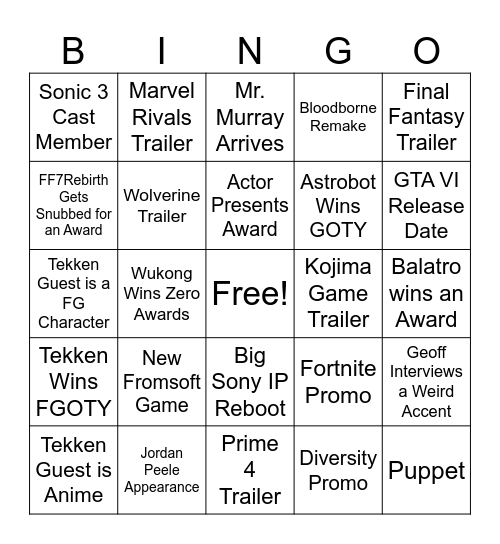 Game Awards 2024 Bingo Card