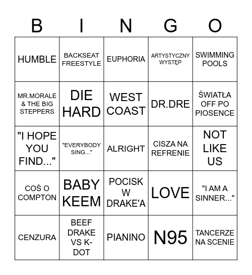 Kendrick The Pop Out Concert Bingo Card