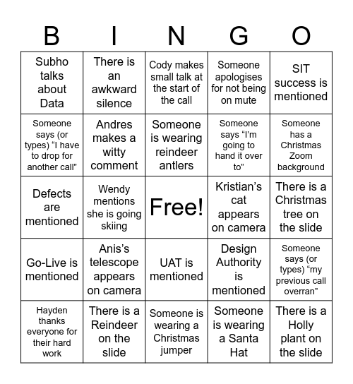 IBM Christmas Town Hall Bingo Card