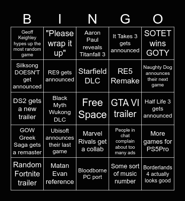 TGA Bingo Card