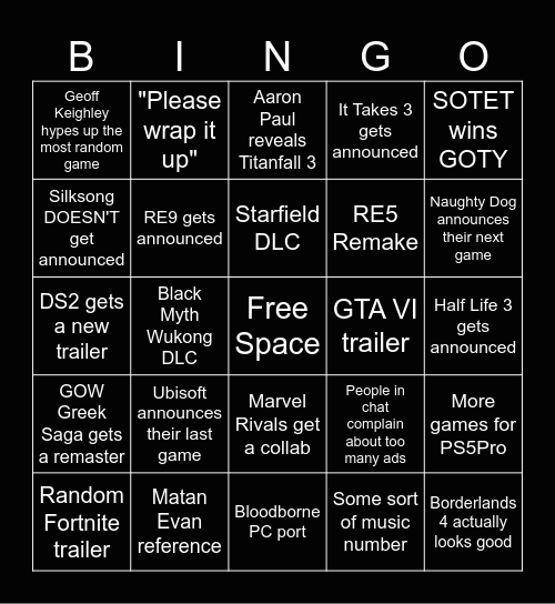 TGA Bingo Card