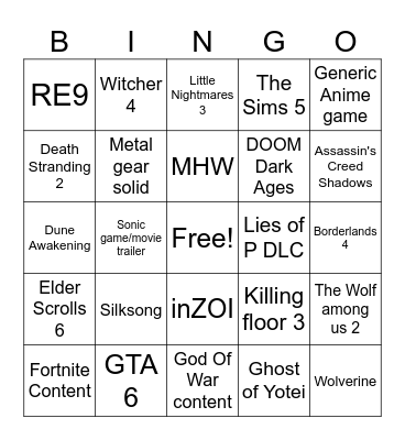 The Game Awards 2024 Bingo Card